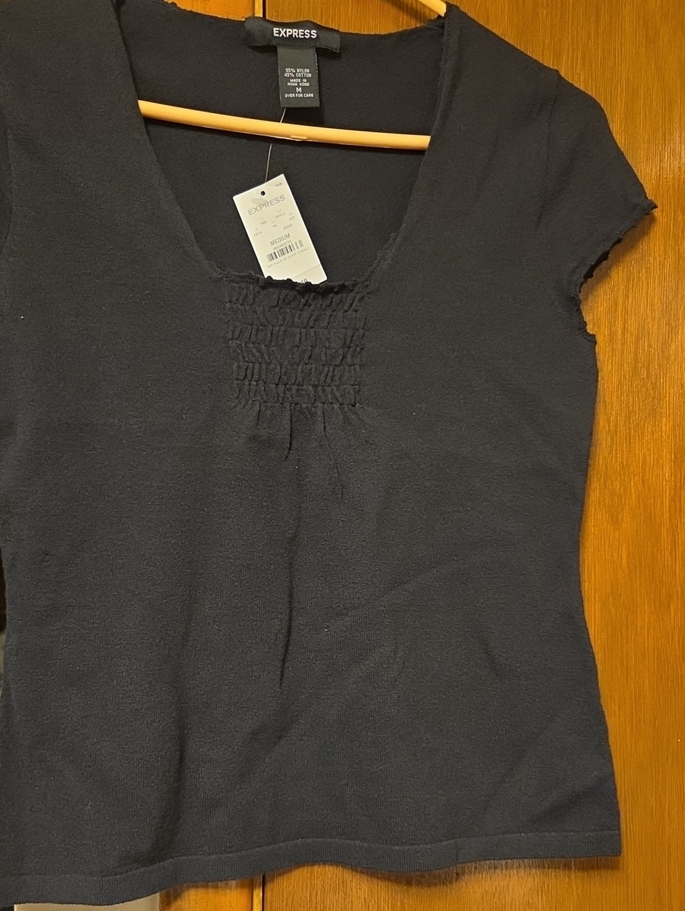 JUNIORS Express Black Short-Sleeve Smocked V-Neck Top